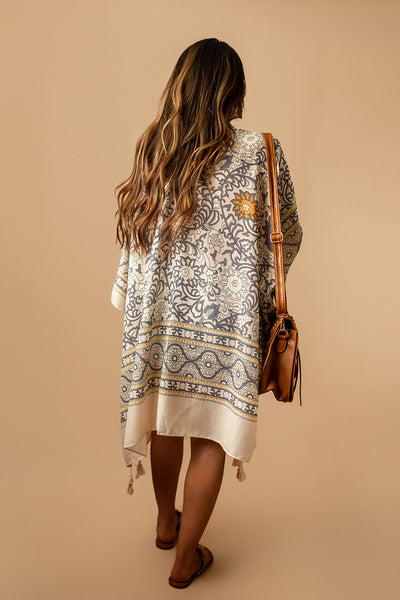 San Pedro Printed Tassel Kimono (Taupe + Blue) | FINAL SALE