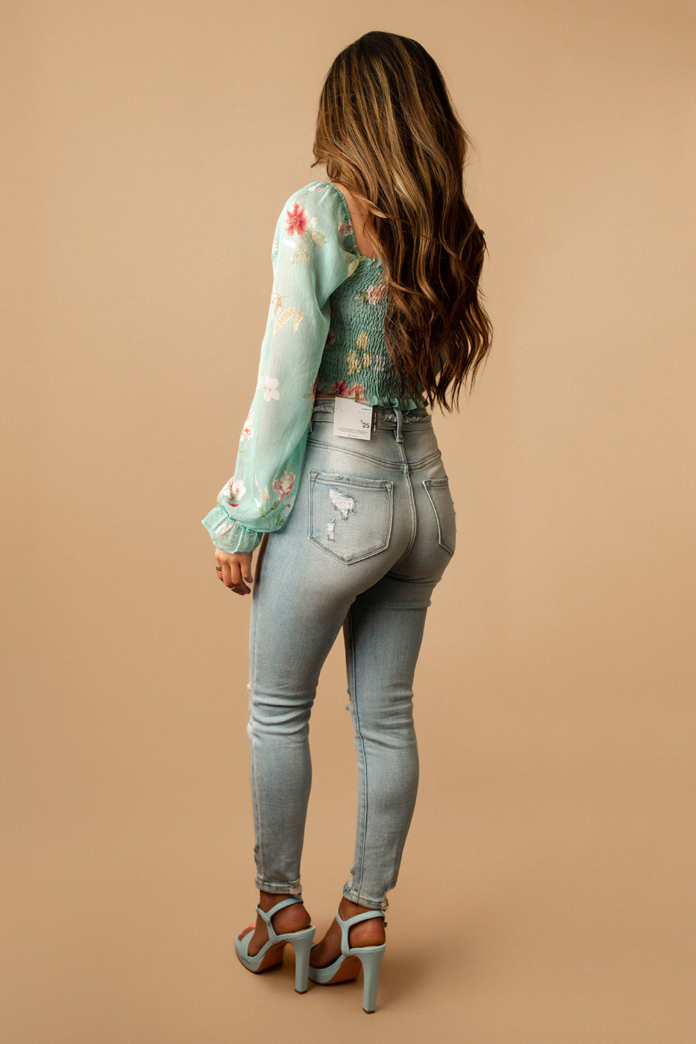 Truth Is Floral Smocked Long Sleeve Top (Aqua Blue)