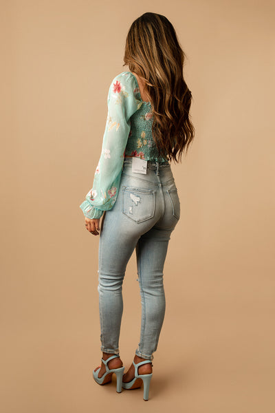 Truth Is Floral Smocked Long Sleeve Top (Aqua Blue)