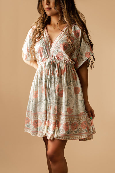 Sayulita Boho Floral Mini Dress (Ivory + Pink)