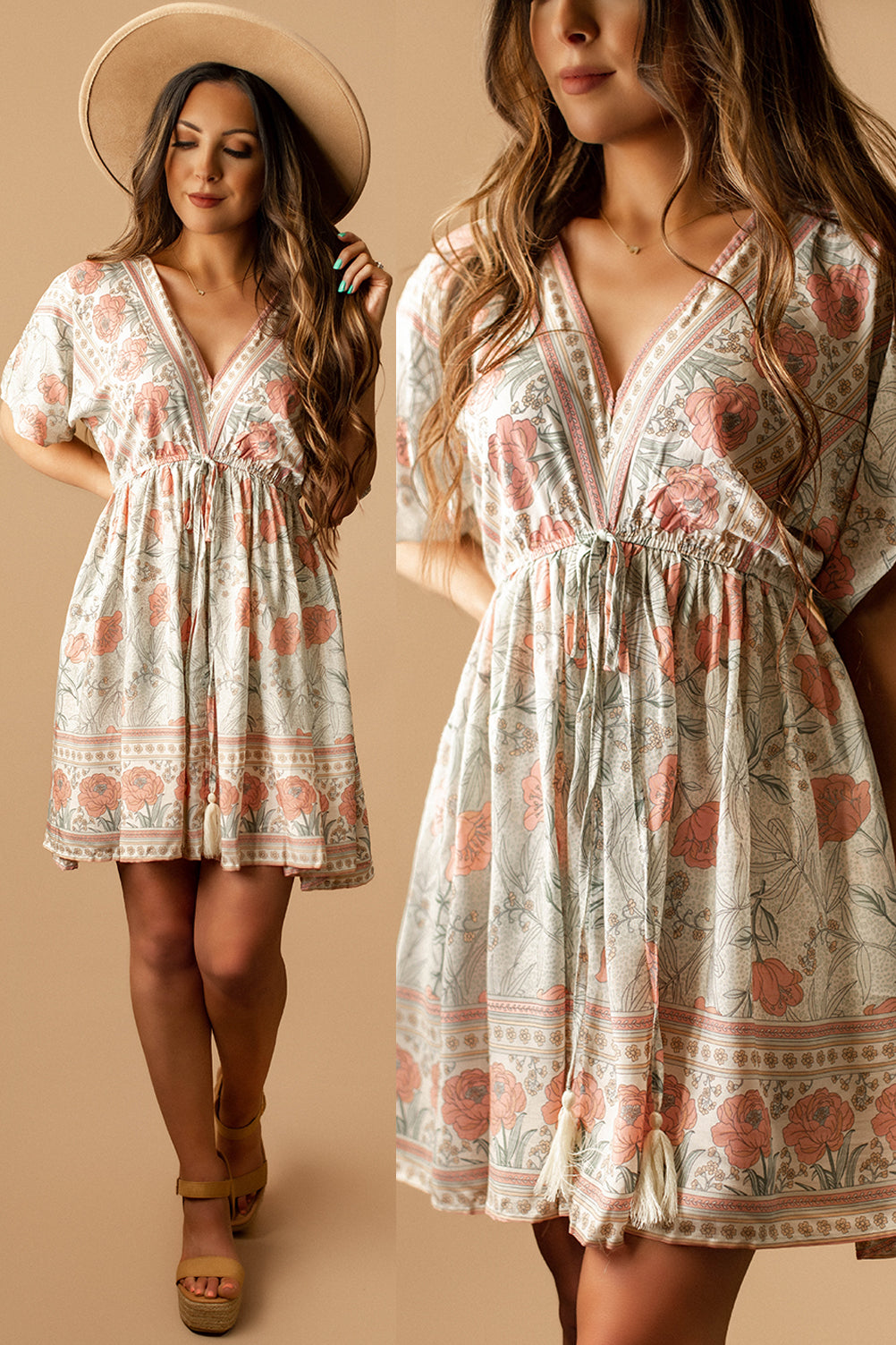 Sayulita Boho Floral Mini Dress (Ivory + Pink)