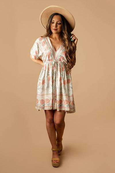 Sayulita Boho Floral Mini Dress (Ivory + Pink)