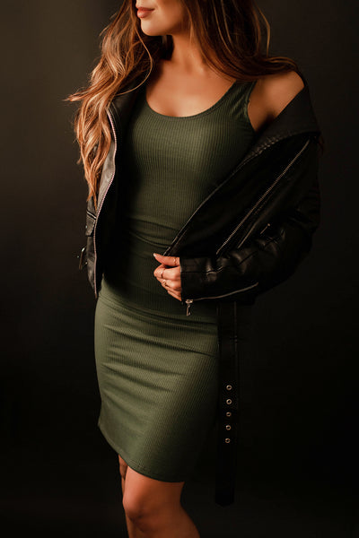 Downtown Vineyard Ribbed Bodycon Dress (Olive)