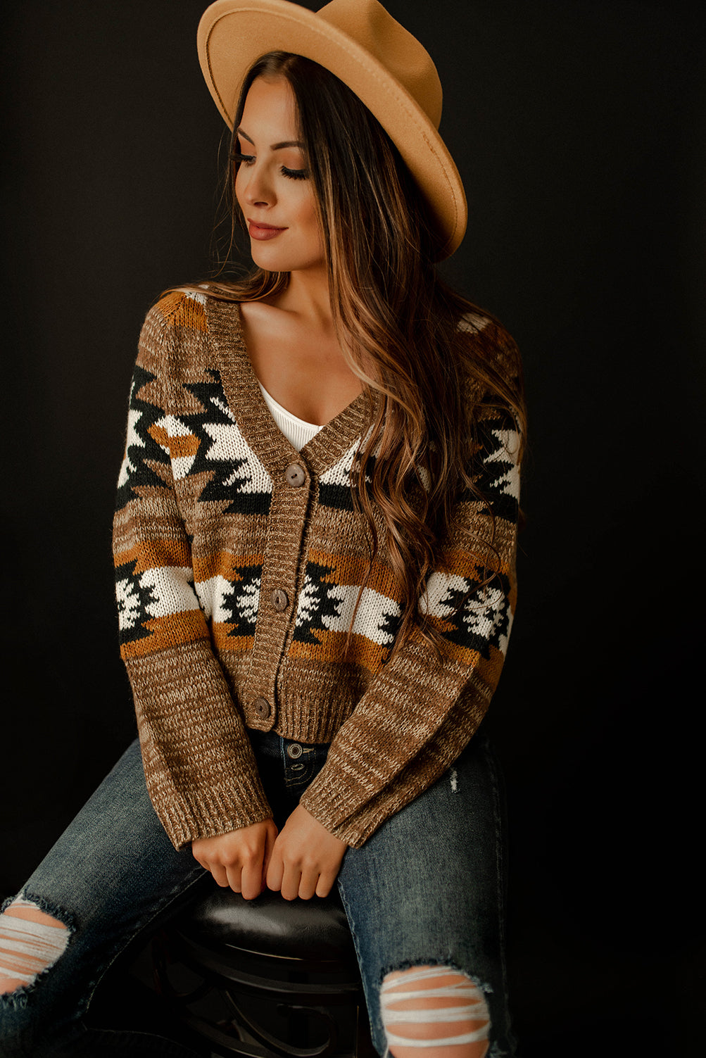 Deja Vu Southwestern Print Cardigan (Mocha)