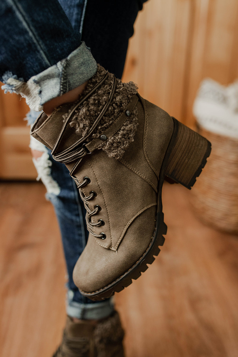 Jackson Sherpa Cuff Lace Up Booties