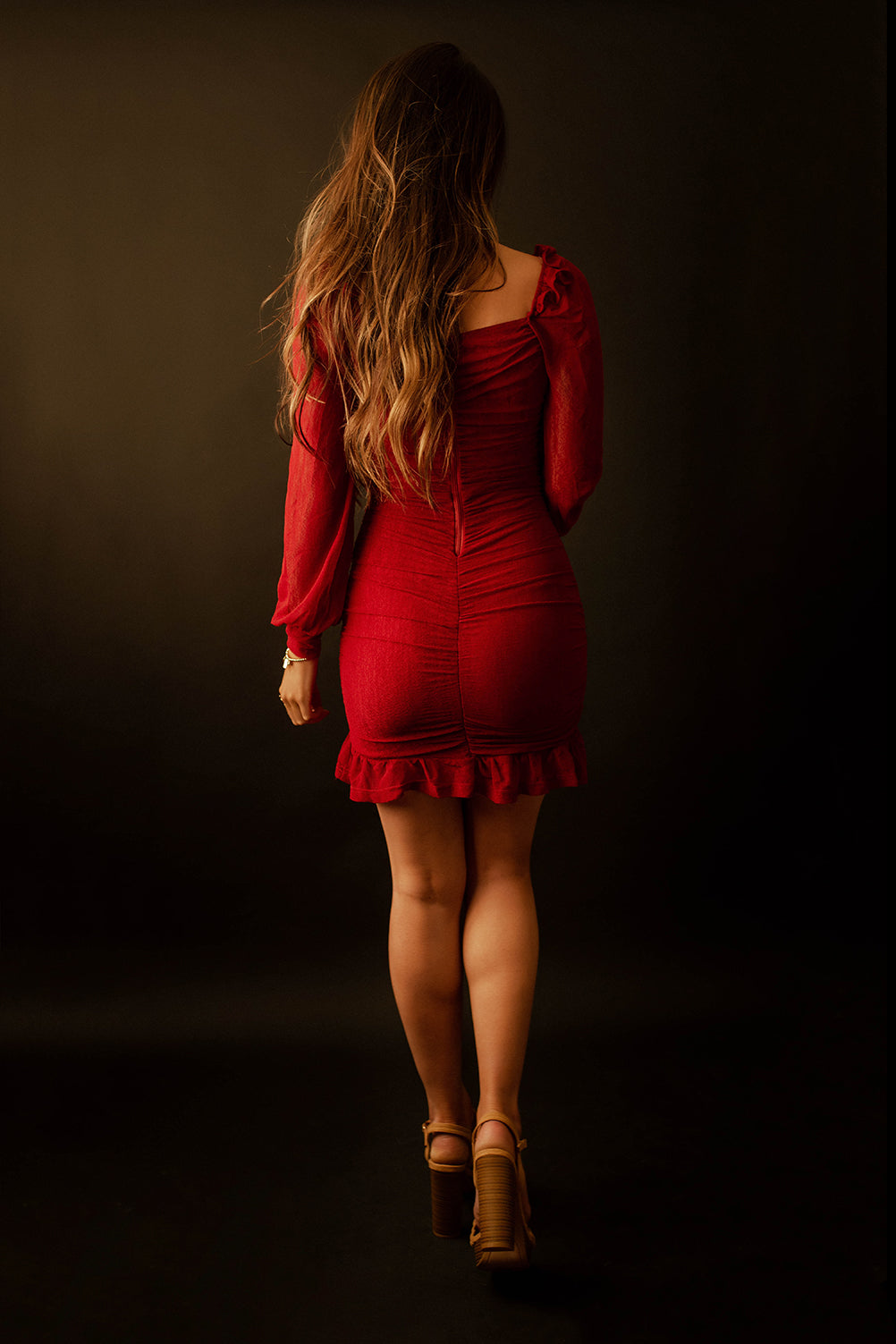 Sugar Sugar Ruched Long Sleeve Dress (Red) | AS IS FINAL SALE