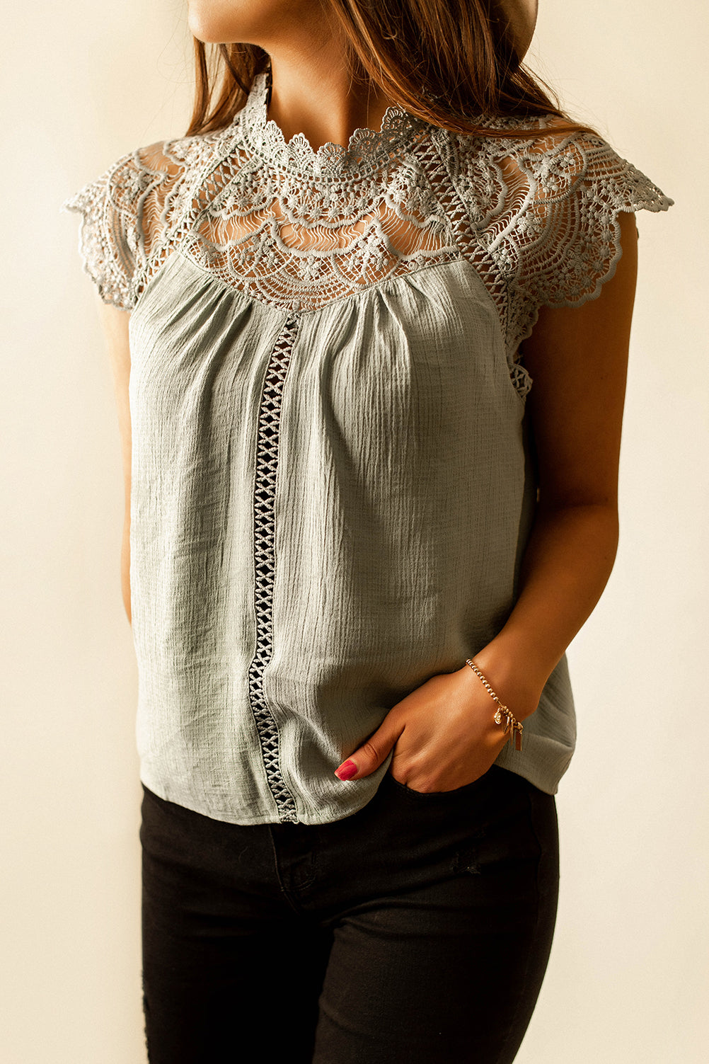 Stuck On You Short Sleeve Crochet Blouse (Sage) | FINAL SALE