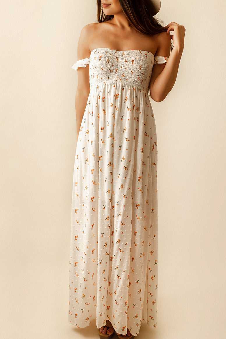 California Poppies Off The Shoulder Maxi Dress (White)