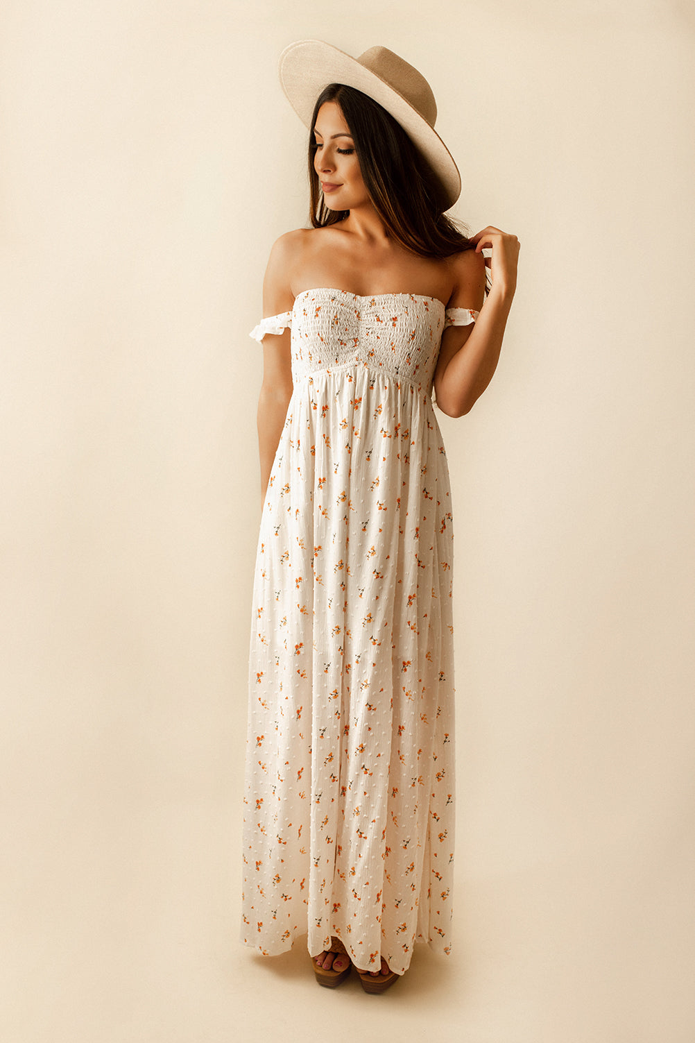 California Poppies Off The Shoulder Maxi Dress (White)