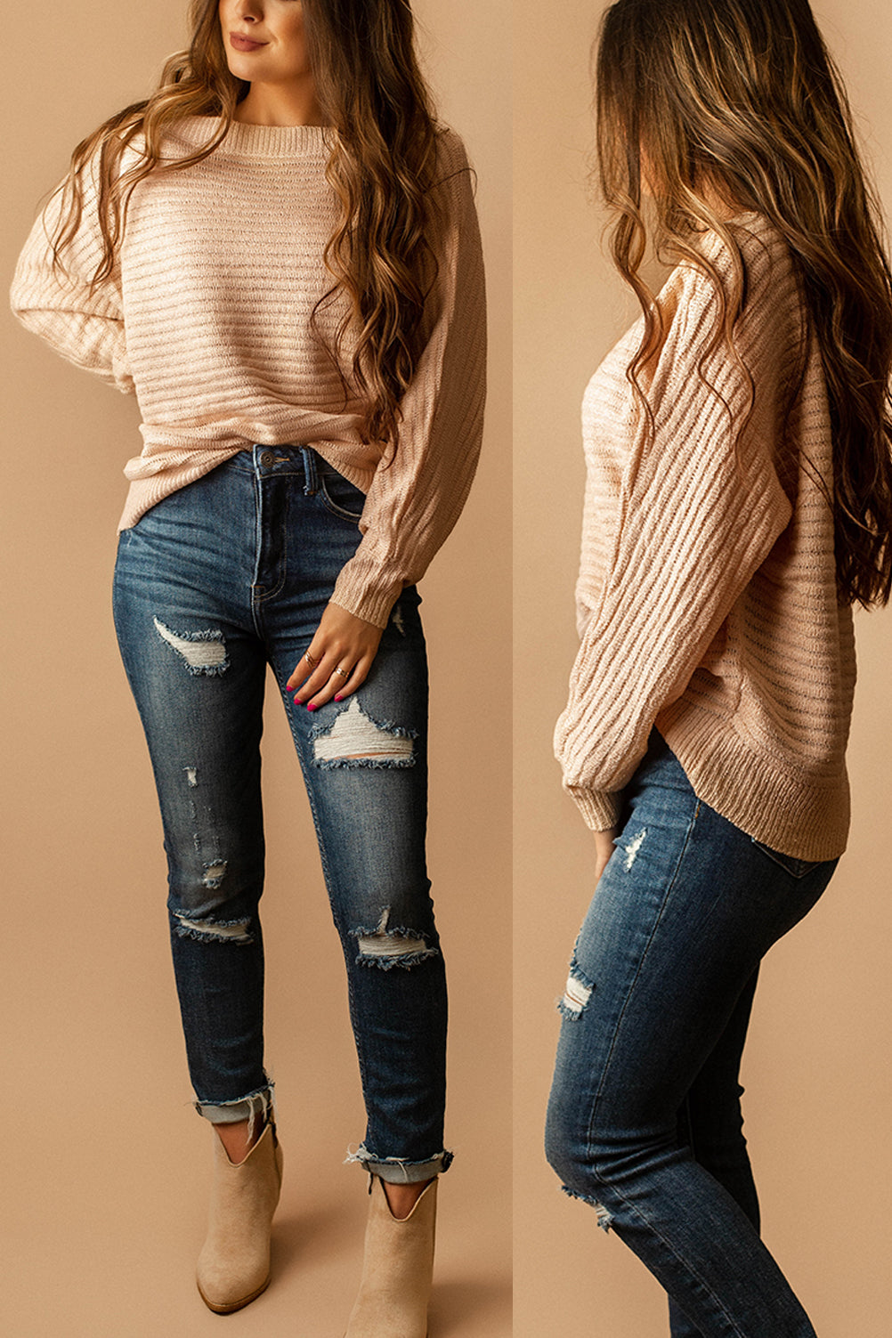 Caramel Kisses Dolman Sleeve Ribbed Sweater (Champagne)