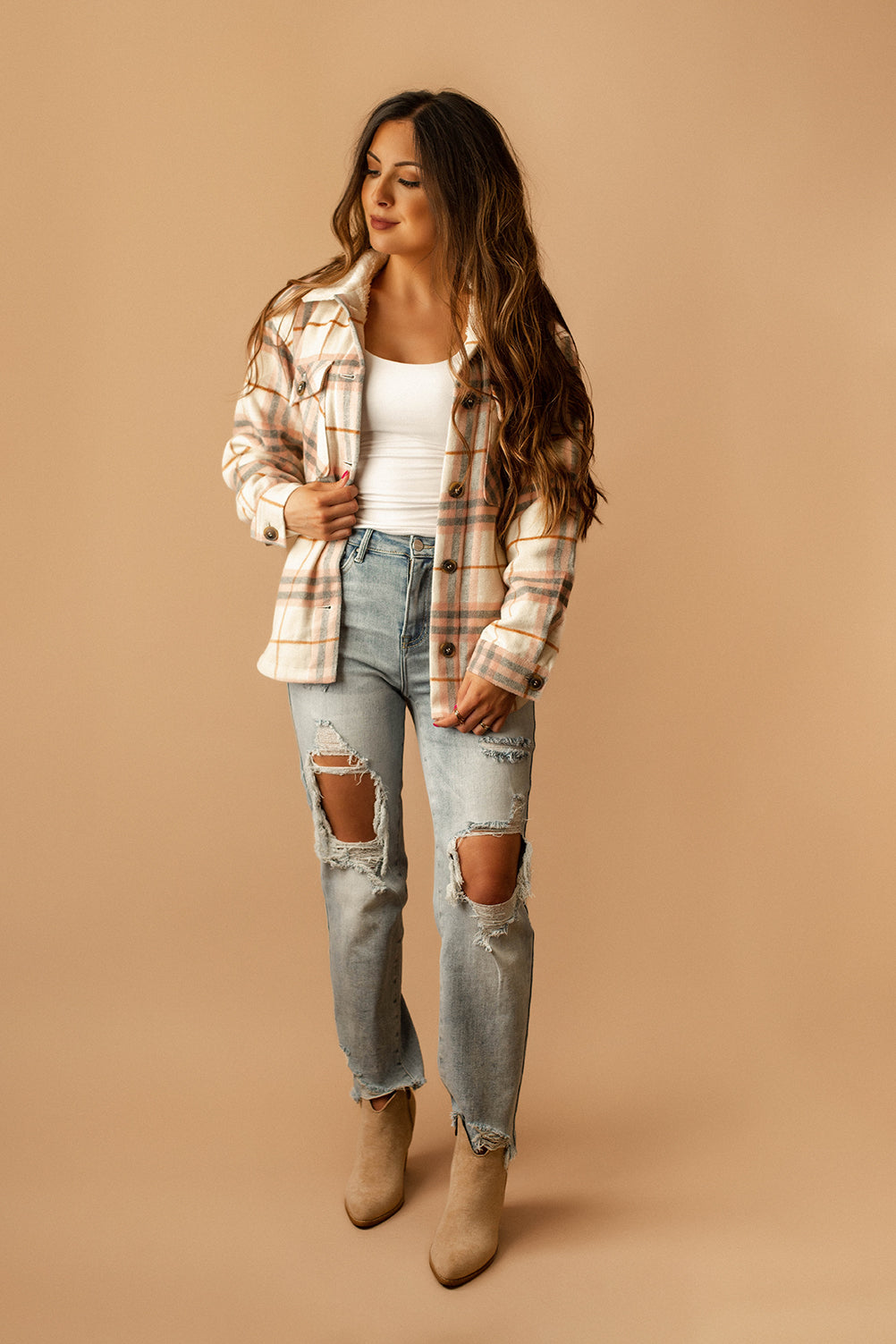 Aspen Sherpa Lined Plaid Shacket (Pink + White)