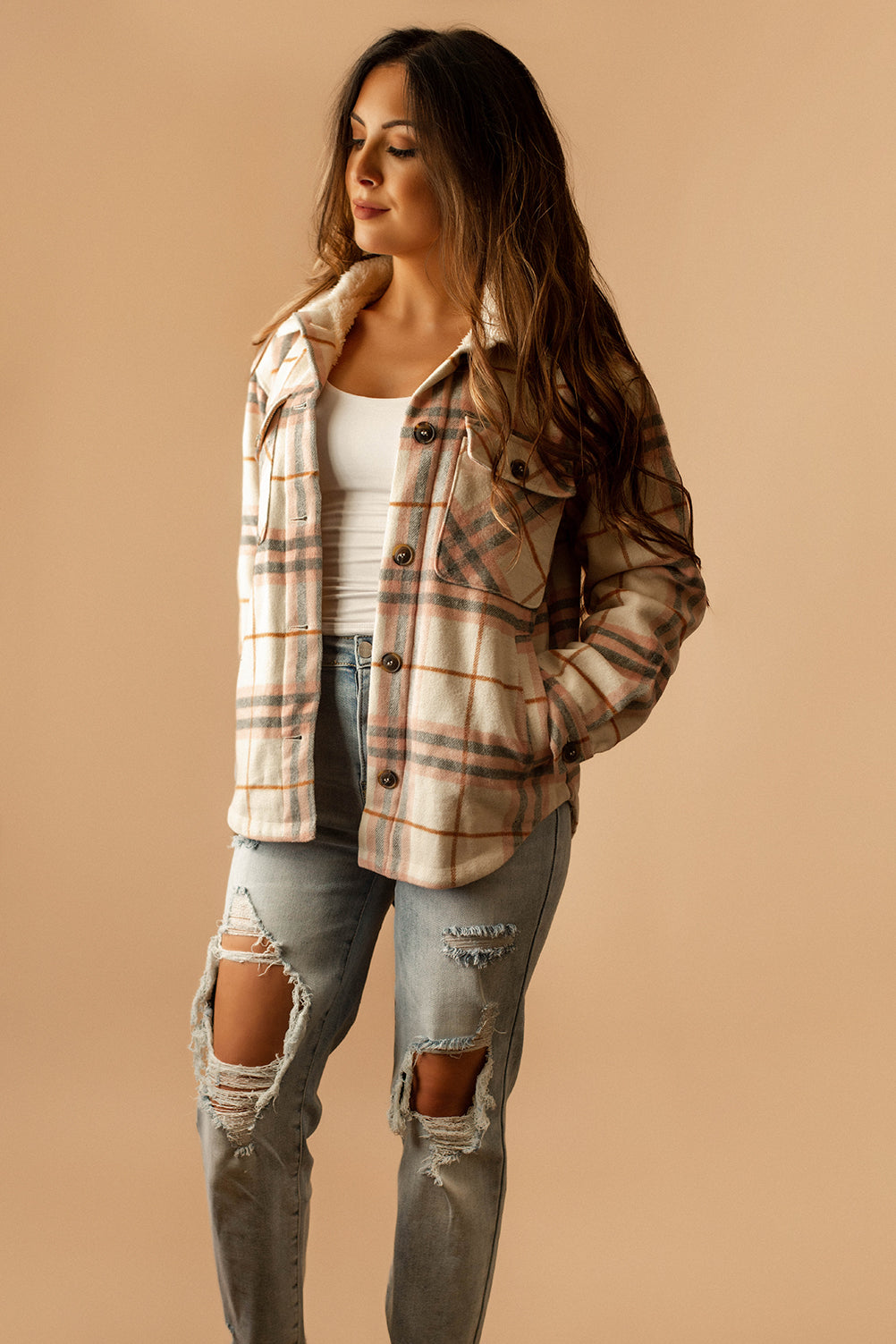 Aspen Sherpa Lined Plaid Shacket (Pink + White)