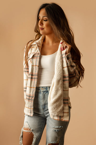 Aspen Sherpa Lined Plaid Shacket (Pink + White)