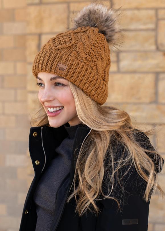 Mojave Fleece Lined Cable Knit Pom Beanie (Rust)