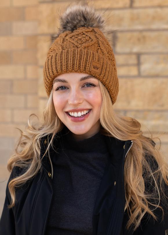 Mojave Fleece Lined Cable Knit Pom Beanie (Rust)