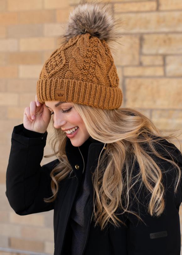 Mojave Fleece Lined Cable Knit Pom Beanie (Rust)