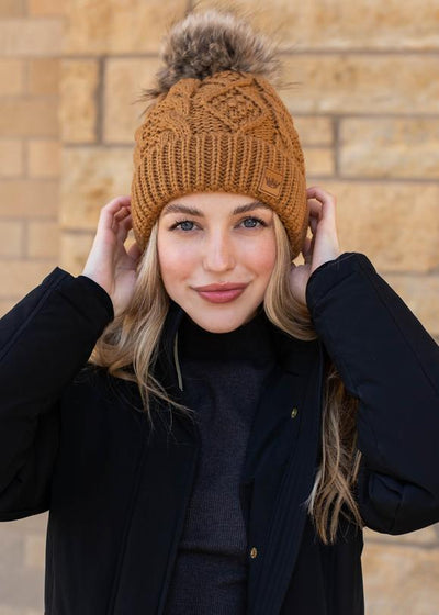 Mojave Fleece Lined Cable Knit Pom Beanie (Rust)