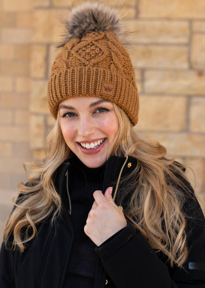 Mojave Fleece Lined Cable Knit Pom Beanie (Rust)